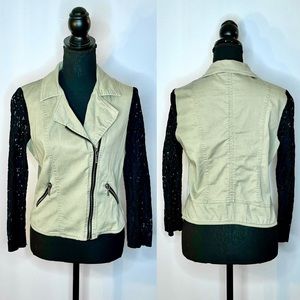 Charlotte Russe Mixed Media Lace Chambray Moto Jacket Medium Army Green Black